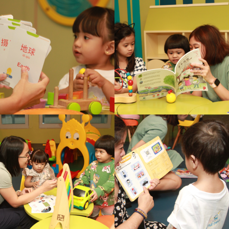 A four-photo collage of children being taught Mandarin at Little Owls Learning Center Philippines