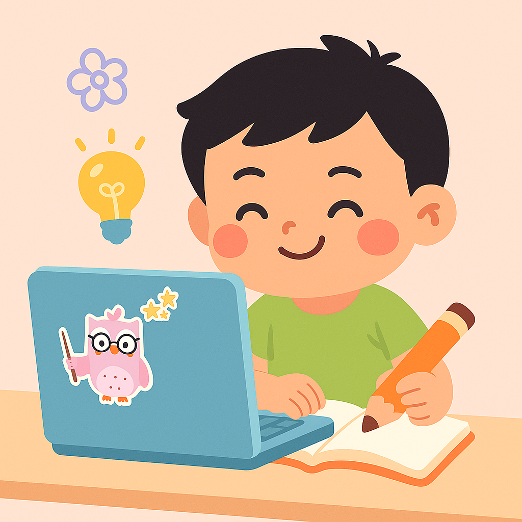 cartoon image of a child using a laptop and a pencil