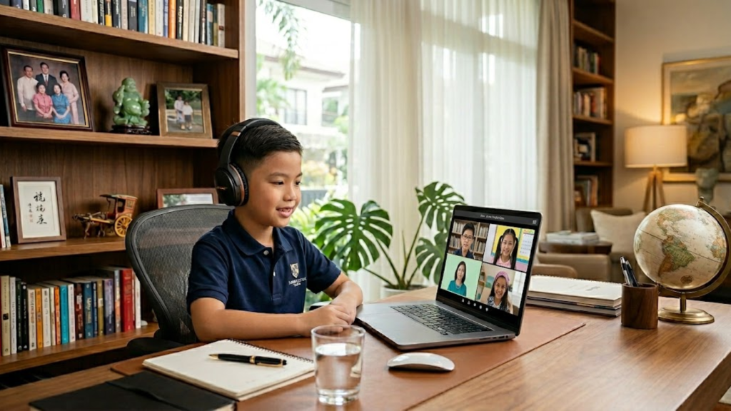 A child taking an online Mandarin class at home