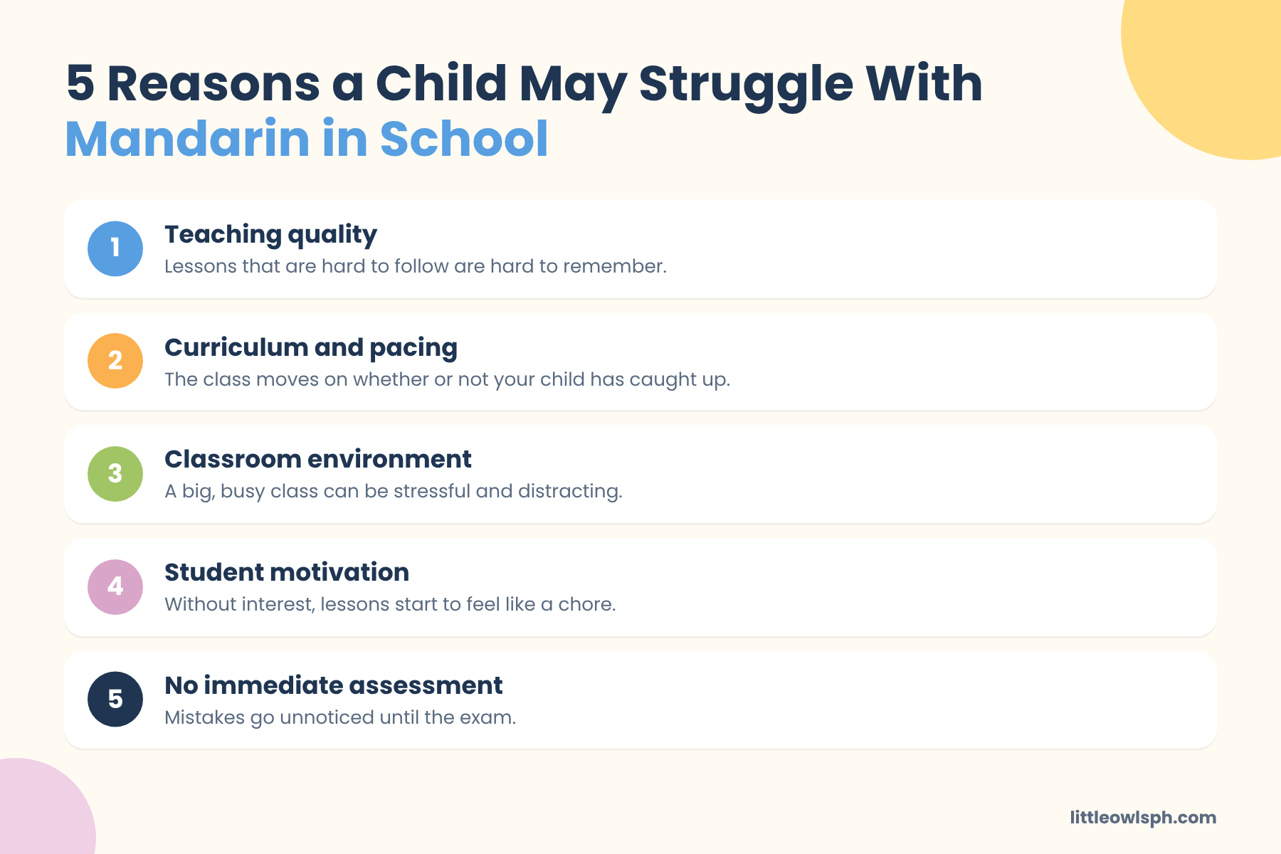 Five reasons a child may struggle with Mandarin in school: teaching quality, pacing, classroom environment, motivation and no immediate assessment