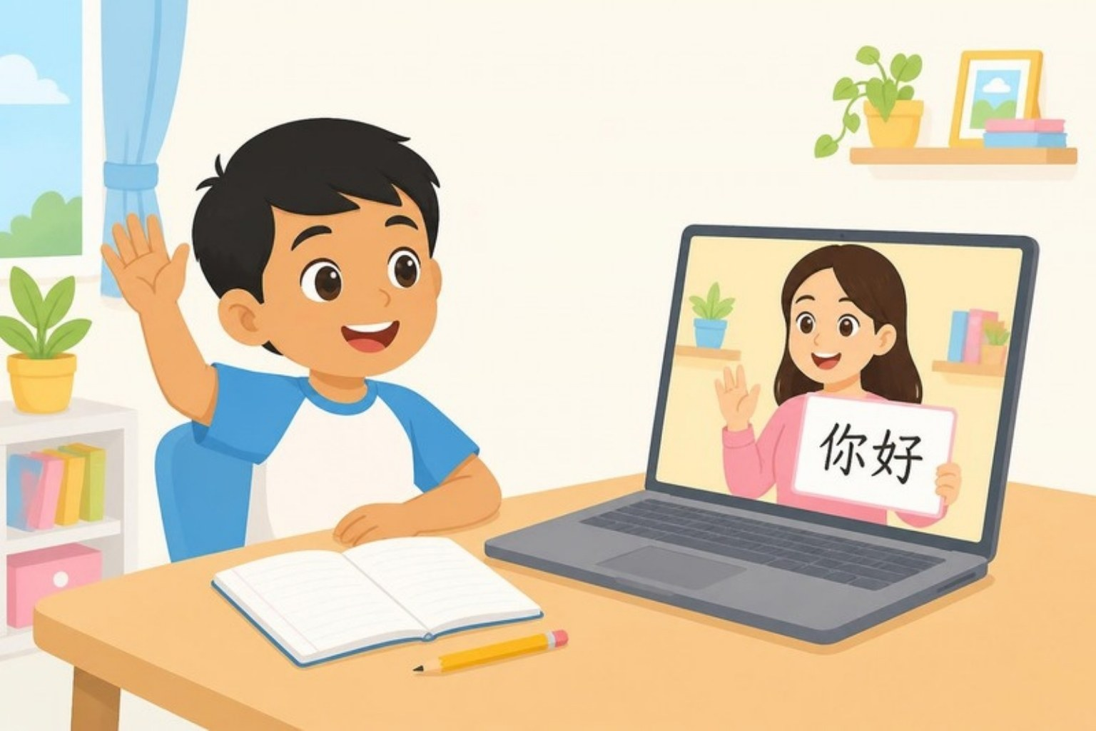 A child raising his hand during an online Mandarin class while the teacher on screen holds up a flashcard