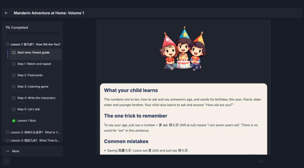 Parent guide for Lesson 1 of the Mandarin Adventure at Home online Chinese course for kids